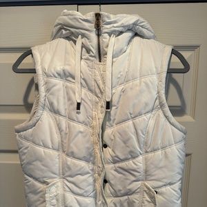American Eagle Cream Puffer Vest with Faux Fur Hood